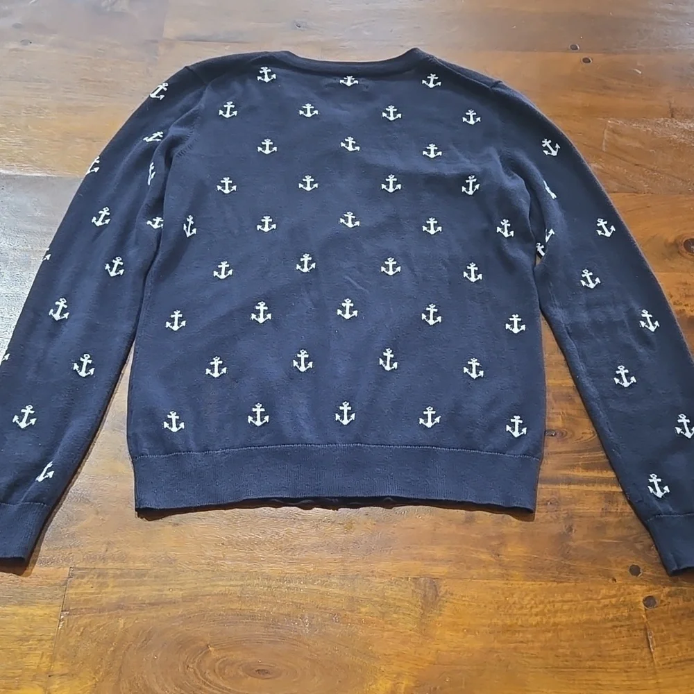 Tommy Hilfiger 100% Pima Cotton Navy Blue And White Anchor Cardigan Size Small